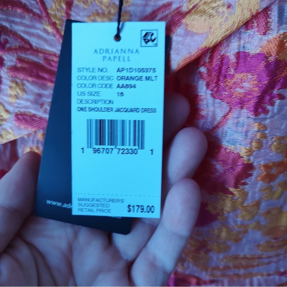 Adrianna Papell One-Shoulder Ruffle Fit-and-Flare Dress in Coral-Pink Print - Picture 8 of 13